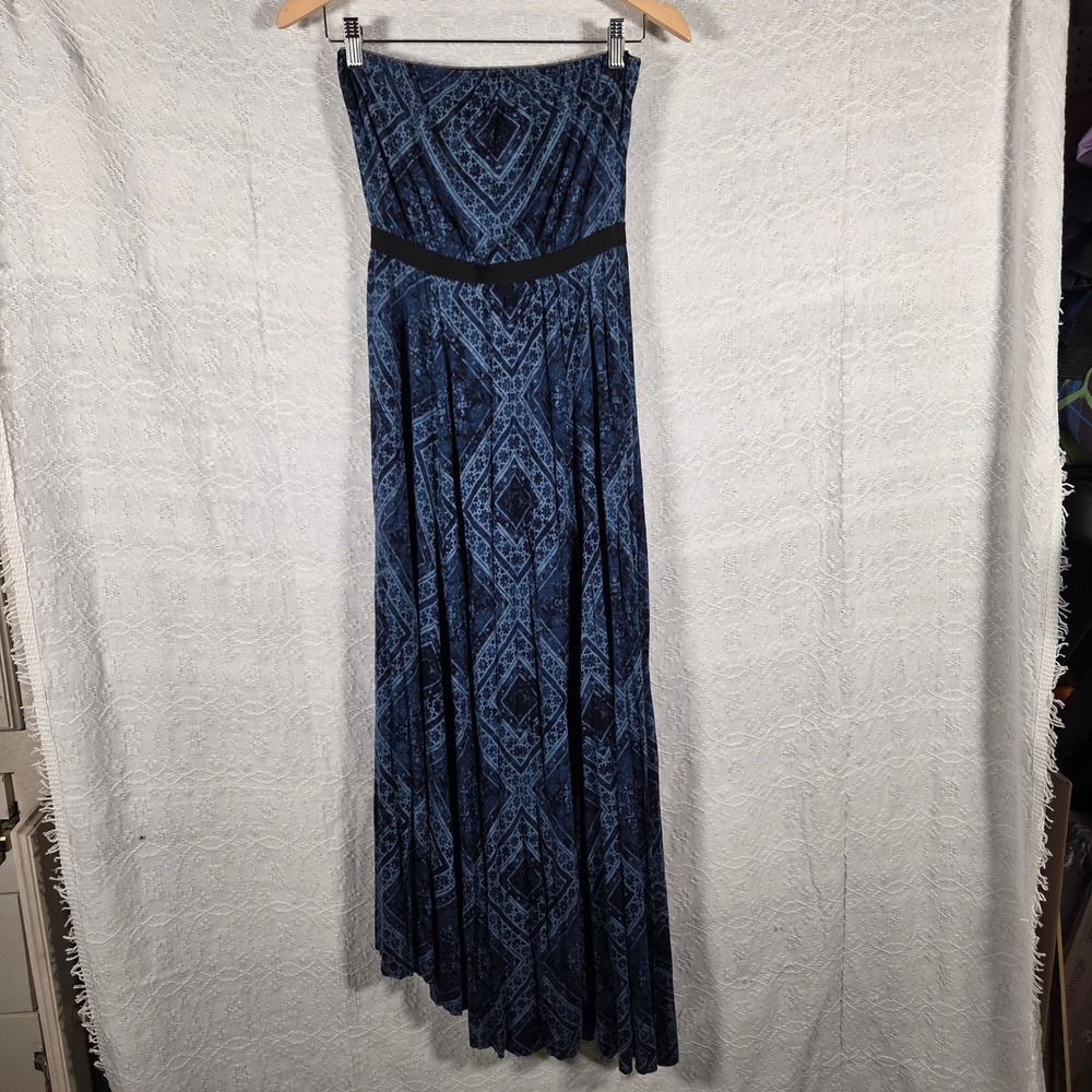 Ecote Blue Geometric Diamond Strapless Maxi Dress Small Boho Rayon Handkerchief